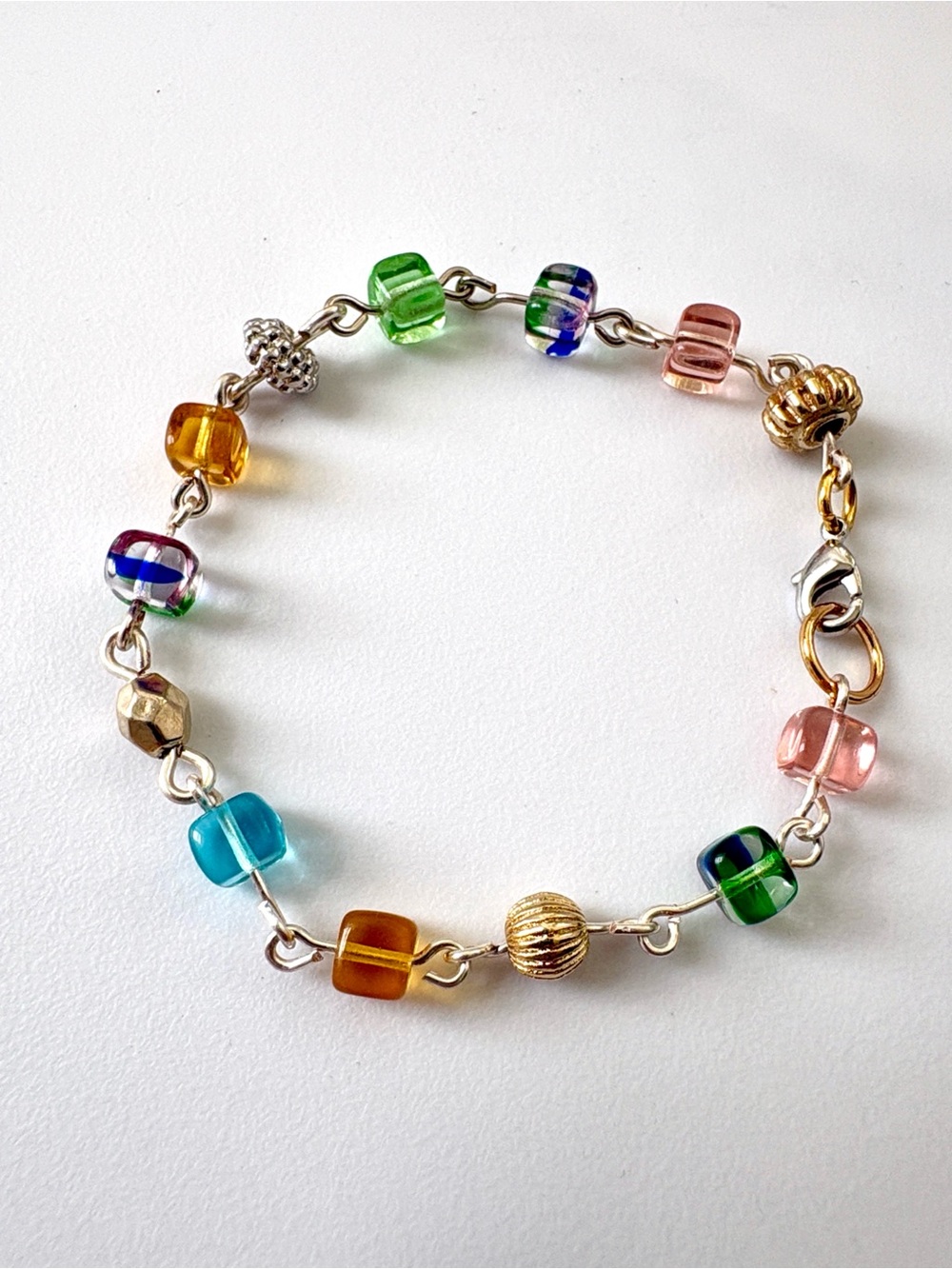 Hand Crafted 18k Gold and Silver Plated Multicolor Glass Bead Chain Bracelet